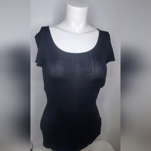 Dana Buchman Size M Black Ribbed And Some Shine  Top Short Sleeves - Picture 2 of 11